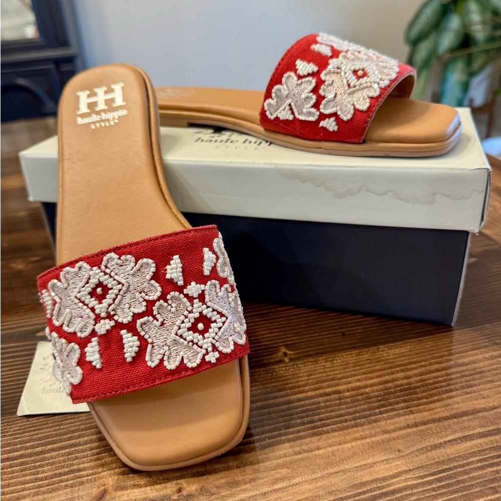 Haute Hippie Red Boho Tribal Embroidered Sandals‎ NIB